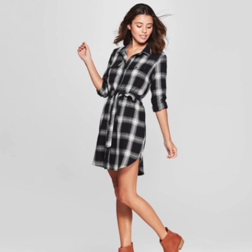 Universal Thread Black White Flannel Plaid Shirt Dress XXL Tie Belt Long Sleeve